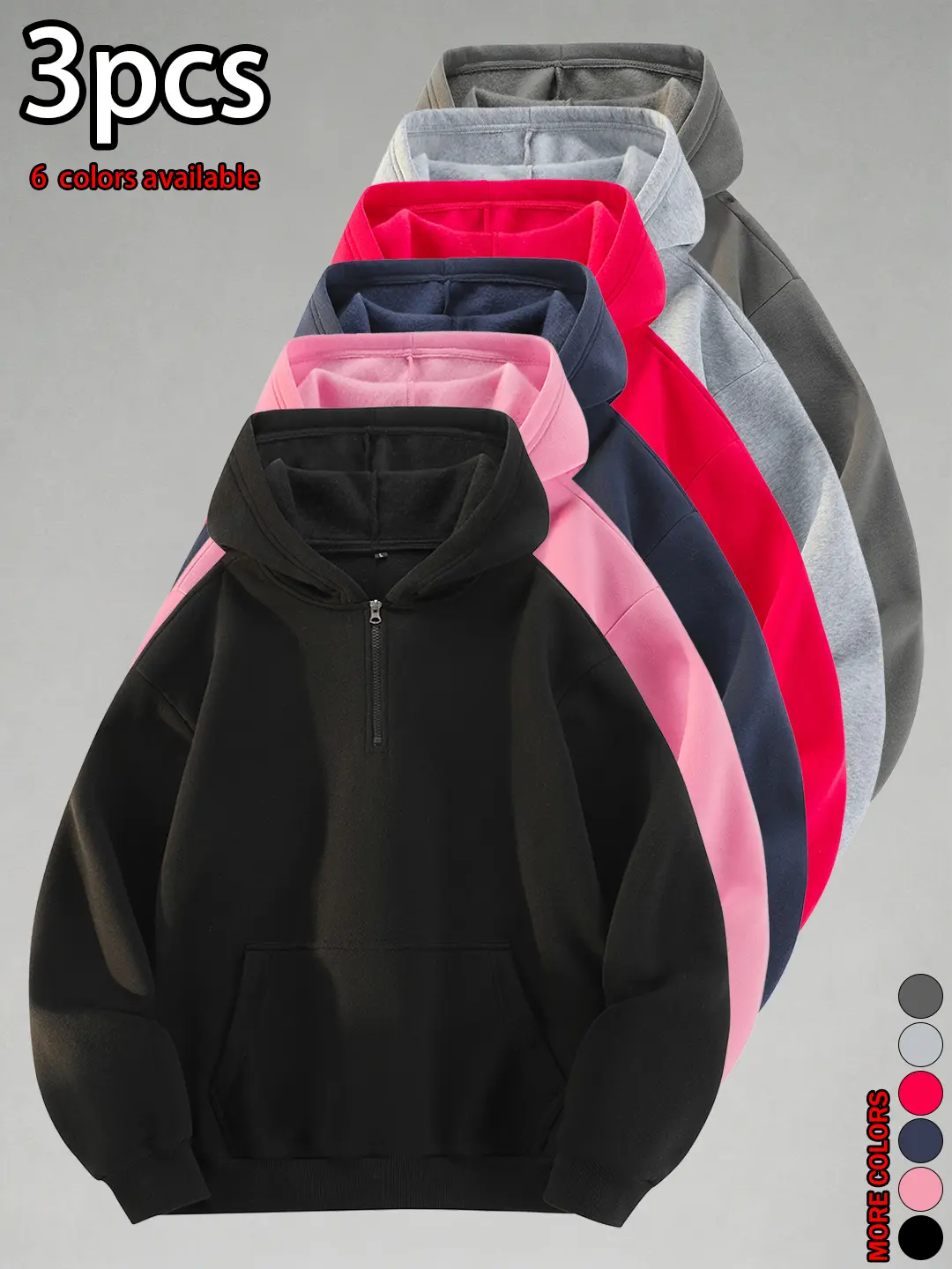 3-pack loose half-zip hoodies for autumn/winter, skin-friendly and comfortable tops, casual and versatile for everyday wear