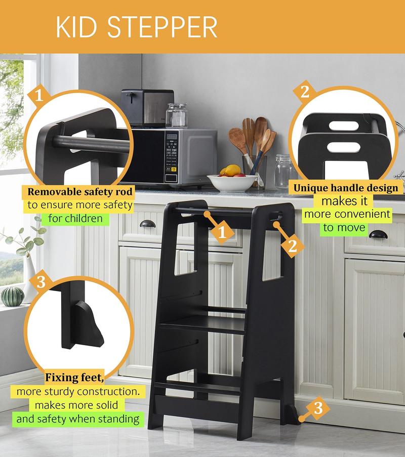 Wooden Kitchen Step Stool for Kids with Adjustable Footrest