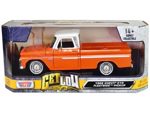 1966 Chevrolet C10 Fleetside Truck Lowrider Orange Metallic with White Top "Get Low" Series 1/24 Diecast Model Car by Motormax