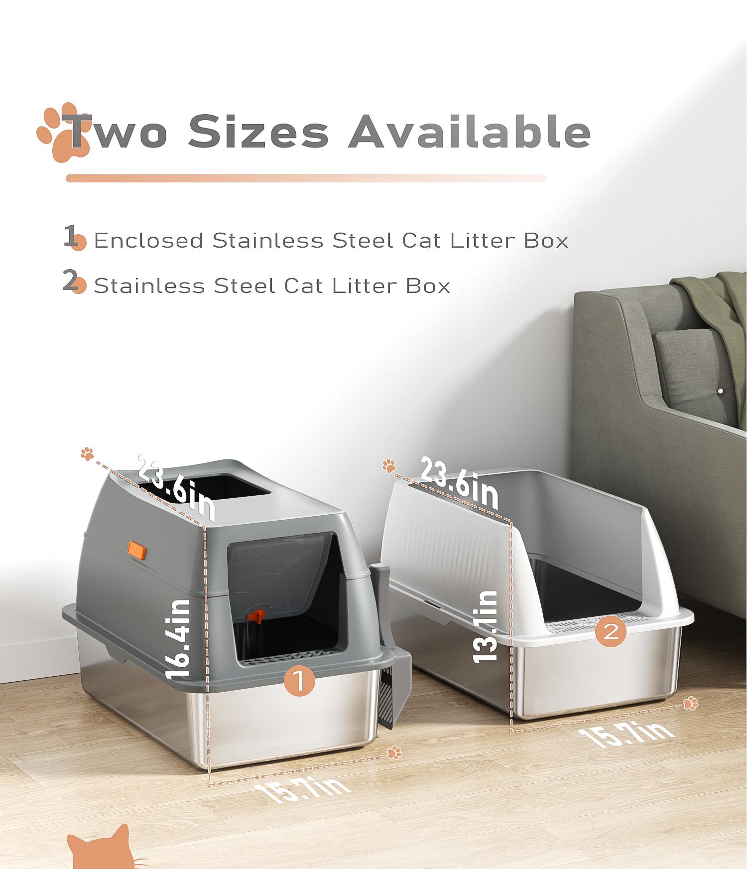 Petterm Stainless Steel Cat Litter Box with Scoop & Mat, Large Semi or Fully Enclosed Design, High-Side Enclosure, Non-Sticky, Anti-Leak, High-Walled