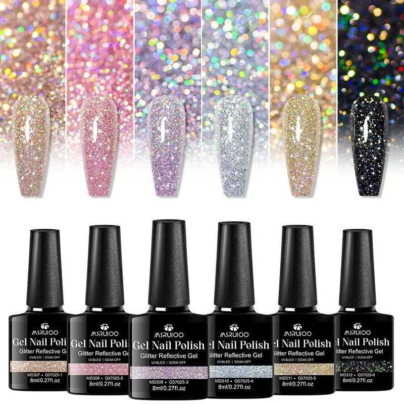 MSRUIOO 6pcs Glitter Nail Gel Polish Set, Liquid Polish, Soak Off Gel, Sparkling Colors, UV LED Compatible, 8ML Each Bottle, Long-lasting, Durable, Rich Color, Flawless, Salon and DIY Manicure Nail Art Use, Women's Gift