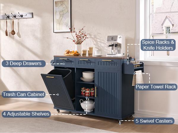 PieDle 57" Multifunctional Rolling Kitchen Island with Trash Can Storage, Power Outlet & Drop Leaf, Open Shelves, Large Islands Cart on Wheels with 3 Drawers, 5-Wheel Mobile Island Table for Kitchen