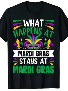 100% Cotton Women'S Unisex Mardi Gras T-Shirt 100 Retro New Orleans Carnival Party Shirt with Beads Fleur-de-Lis Design, Breathable Lightweight Fabric, Vibrant Green Purple Golden Yellow Print, Regular Fit Short Sleeve Crew Nec