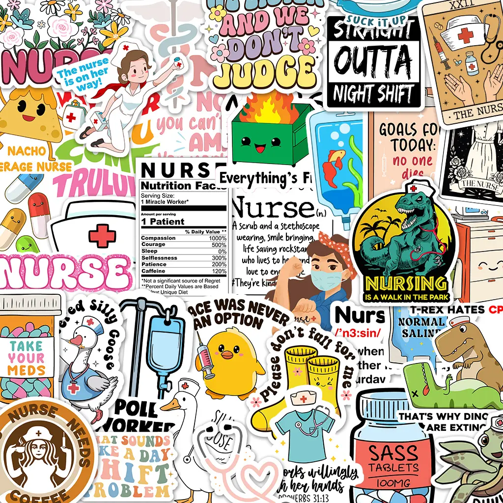 120Pcs Funny Nurse Waterproof Durable Glossy Vinyl Self Adhesive Stickers - Novelty Print Labels & Stickers for Flat Surfaces, Laptops, Water Bottles - Gifts for Healthcare Workers, Party Favors, Waterproof Durable Sticker