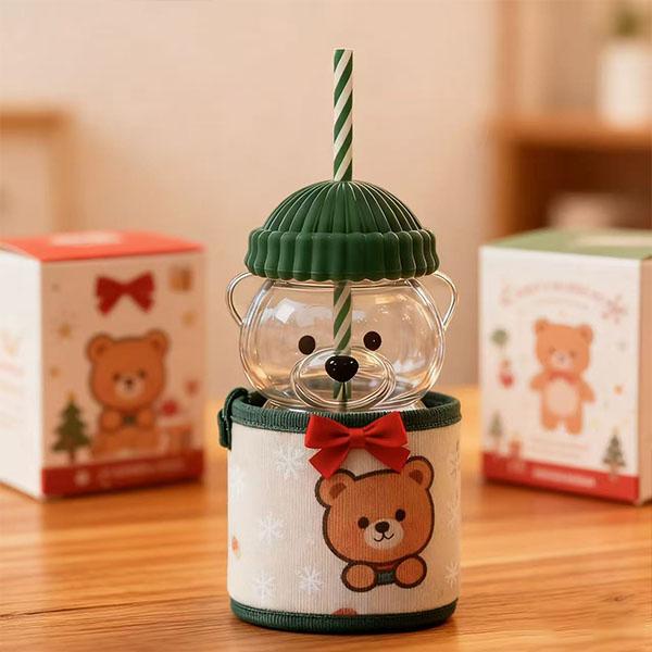 Viral Bearista Cold Cup for 2026 Holiday Collection Nostalgia Cute Bear Cup With Striped Straw 20oz High-Quality Glass Mug for Coffee Beers Wine Cocktail Drinks Teddy Bears Cup With Green Beanie-Style Lid