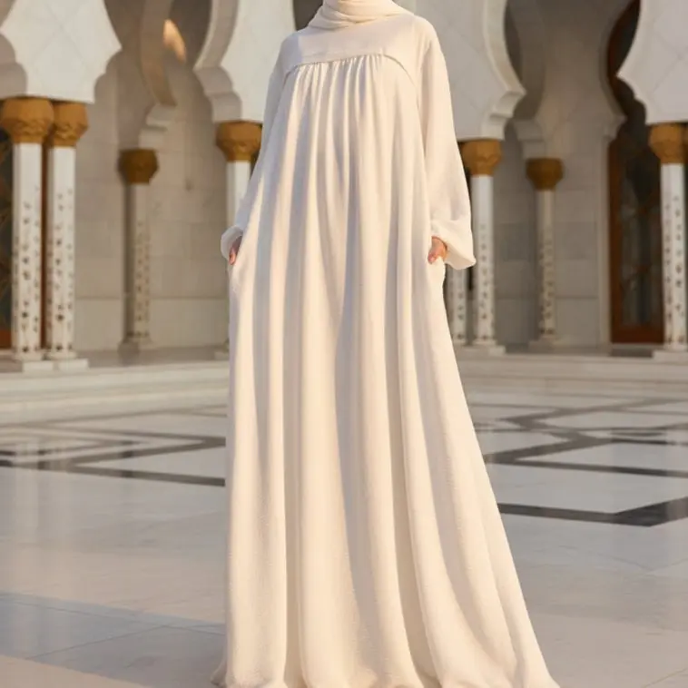 Women's Muslim Crepe Abaya Dress Set - Loose Modest Fashion Abaya with Secure Pockets for Umrah (MA386), Muslim Abaya