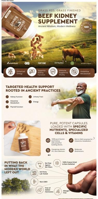 Ancestral Supplements Grass-Fed Kidney Capsules – Freeze-Dried, Non-GMO, Made in USA, 180 Count