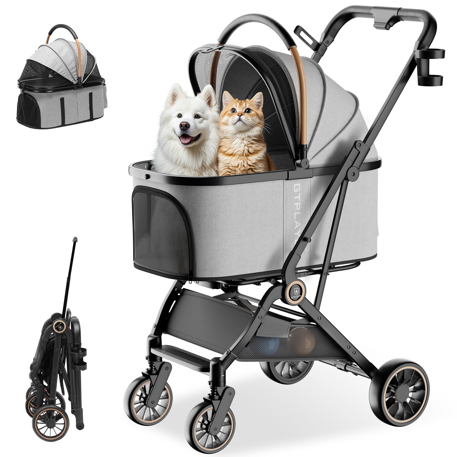 COMHOMA Foldable Pet Stroller with Weather Cover, 4 Wheels Pet Strolling Cart for Small/Medium Dogs and Cats with Storage Basket and Cup Holder, Breathable and Visible Mesh for All-Season