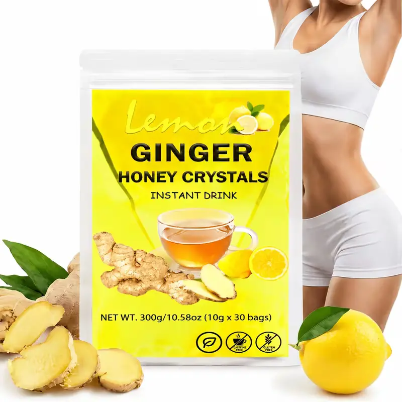 30/60 Pack Lemon Ginger Herbal Tea Mix, Instant Ginger Honey Crystals with Real Ginger & Lemon Flavor, Caffeine-Free Hot or Iced Drink, Easy-to-Brew Herbal Beverage Packets