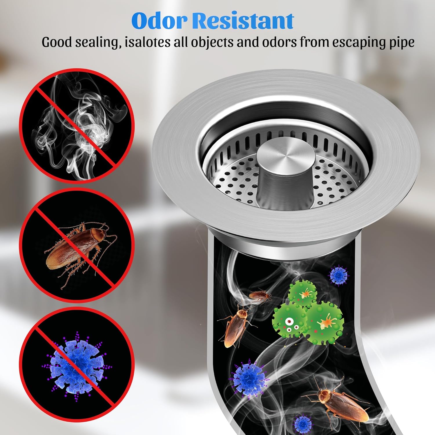 3 in 1 Kitchen Sink Drain Strainer, 304 Stainless Steel Pop Up Sink Stopper, Anti-Clogging Basket Odor Filter Sink Drain Cover Plug for US Standard Kitchen Drain 3 in 1 Kitchen Sink Drain Strainer, 304 Stainless Steel Pop Up Sink Stopper, Anti-Clogging Basket Odor Filter Sink Drain Cover Plug for US Standard Kitchen Drain