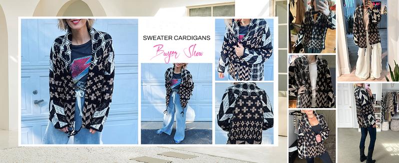 Tanming Women's TikTokShopBlackFriday Oversized Geometric Checkered Cardigan Sweater Long Sleeve Drop Shoulder Chunky Knit Plaid Shawl Collar Coats Y2k Print for Autumn Winter Casual Wear Polyester Material Breathable Fit Medium Tops