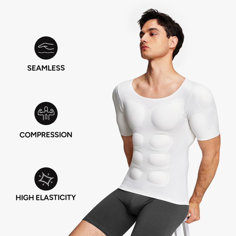 【Nebility】 Men’s Invisible Seamless Muscle-Enhancing T-Shirt with Removable Muscle Pads and Light Compression Function, Suitable for Everyday Wear, Cosplay, and Special Occasions