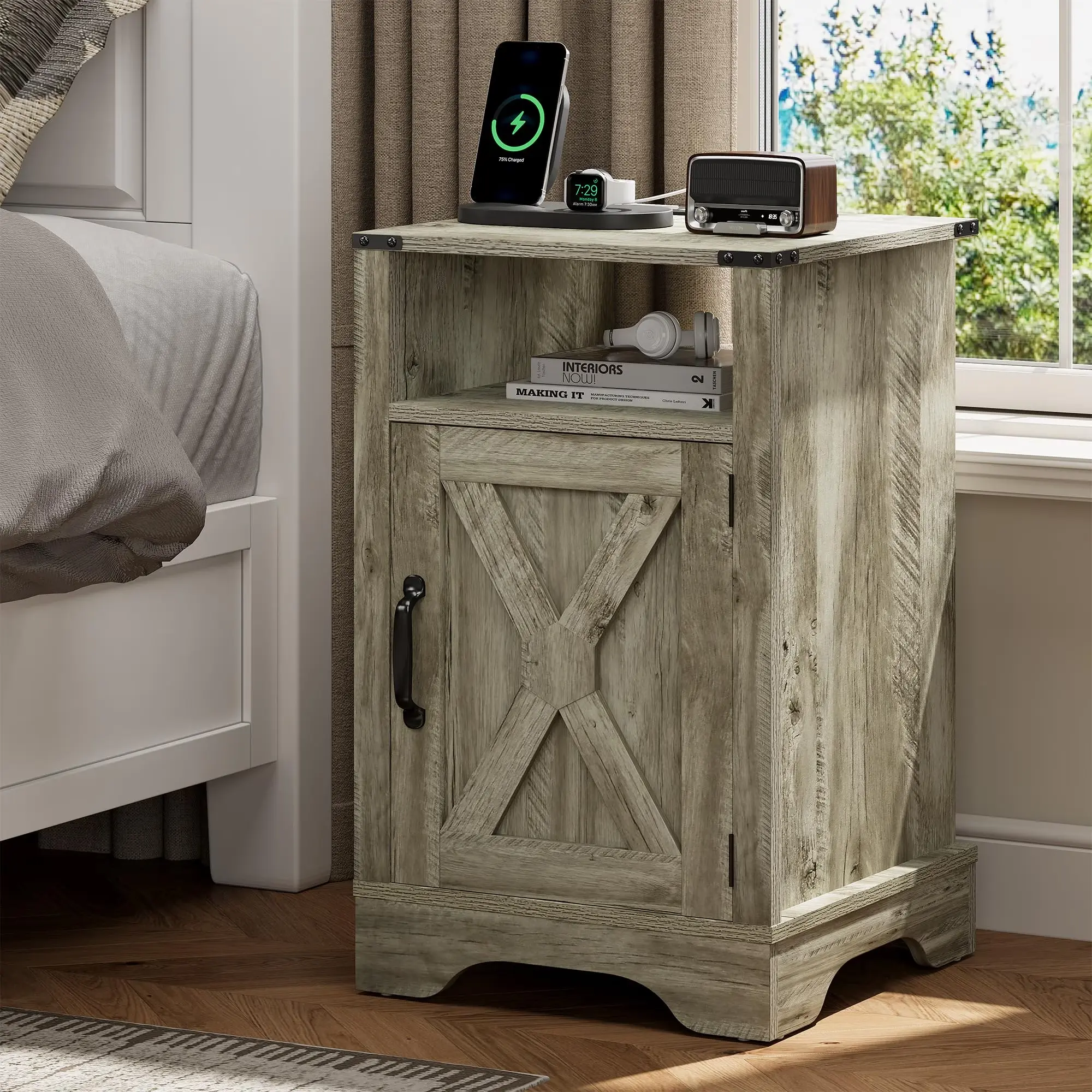 Farmhouse End Table with Charging Station Wooden Rustic Nightstands with Storage Cabinet and Shelf for Bedroom, Living Room, Living Room
