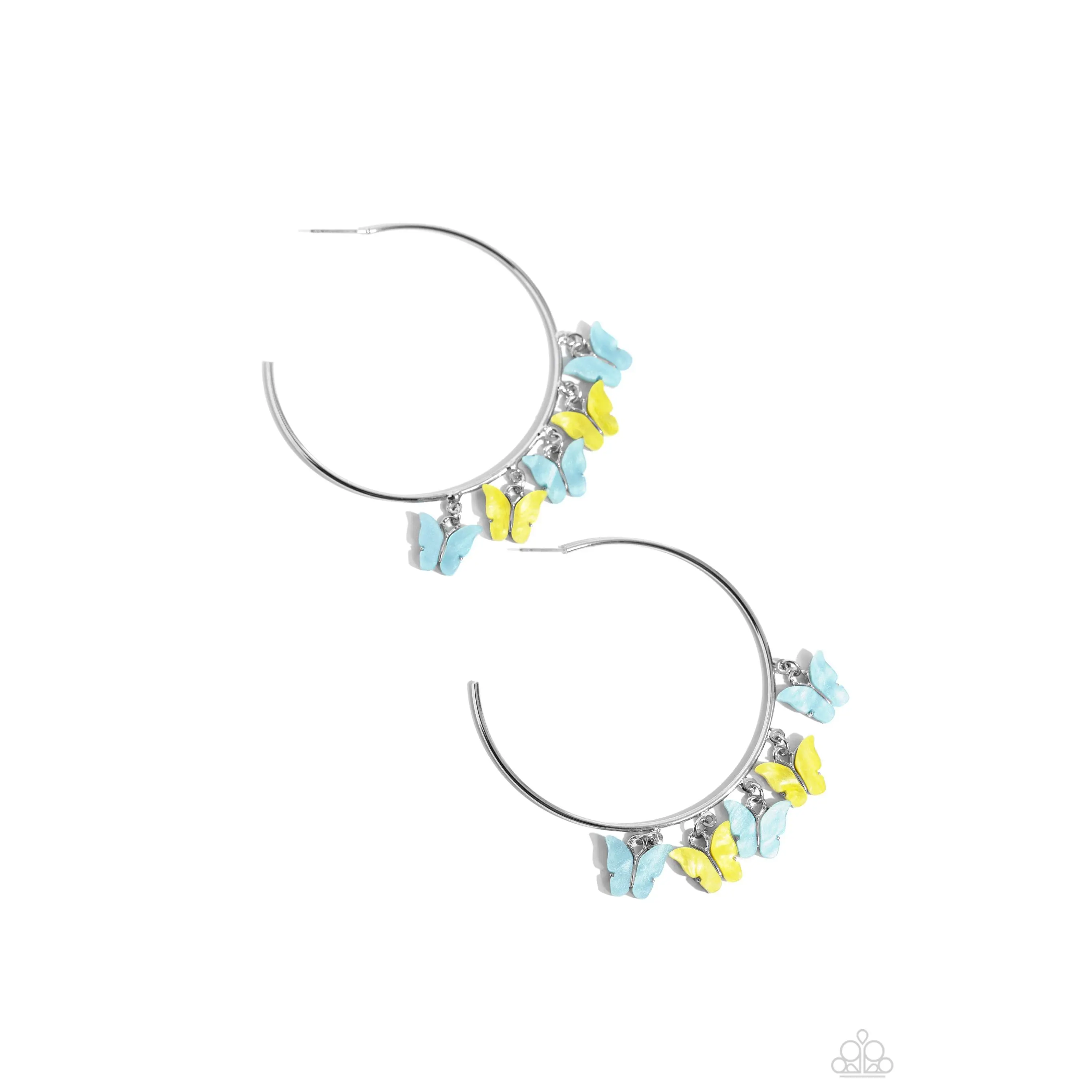 Bemusing Butterflies - Blue and Yellow Butterfly Silver Hoop Earrings - Paparazzi