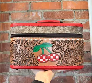 LARGE genuine hand tooled & painted leather jewelry box with removeable tray & bracelet holder