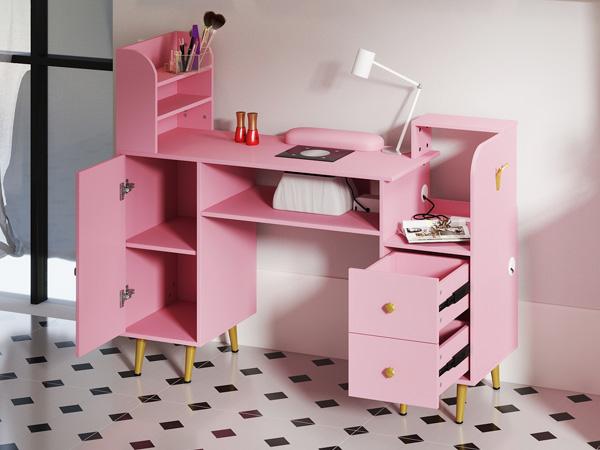 Nail Table Nail Station with 3 Cabinet in Pink Color Featuring Drawers and Shelves for Organized Storage
