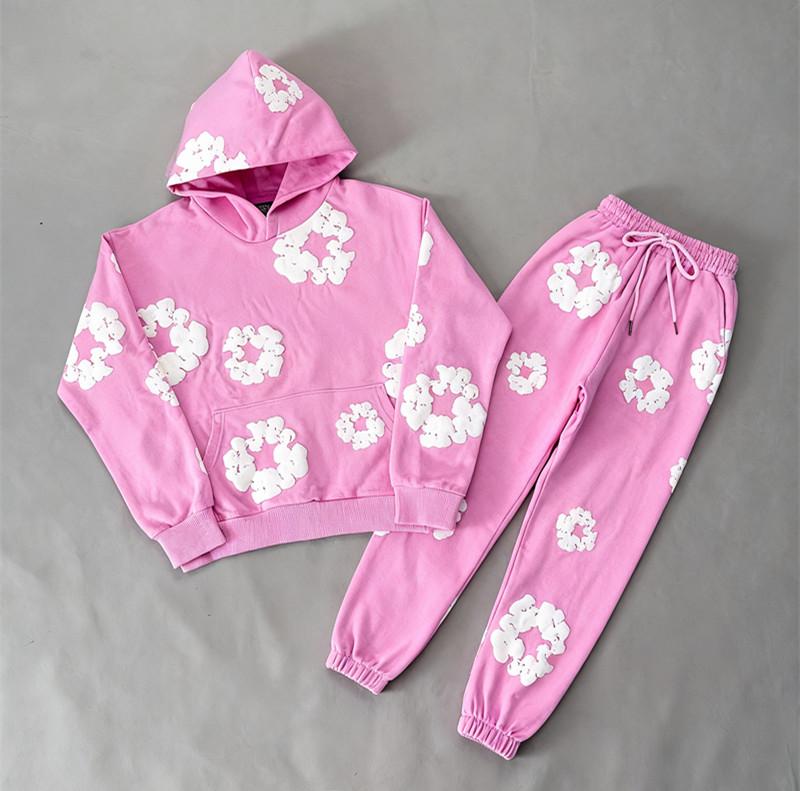 Denim Tears 2026 Women's Hoodie Set Cotton Foam Print Sweatpants Distressed American High Street Casual Sweatshirt Plus Size Black Short Sleeve Long Loose Fit Y2K Unisex 2-Piece Set Top Trouser Suits