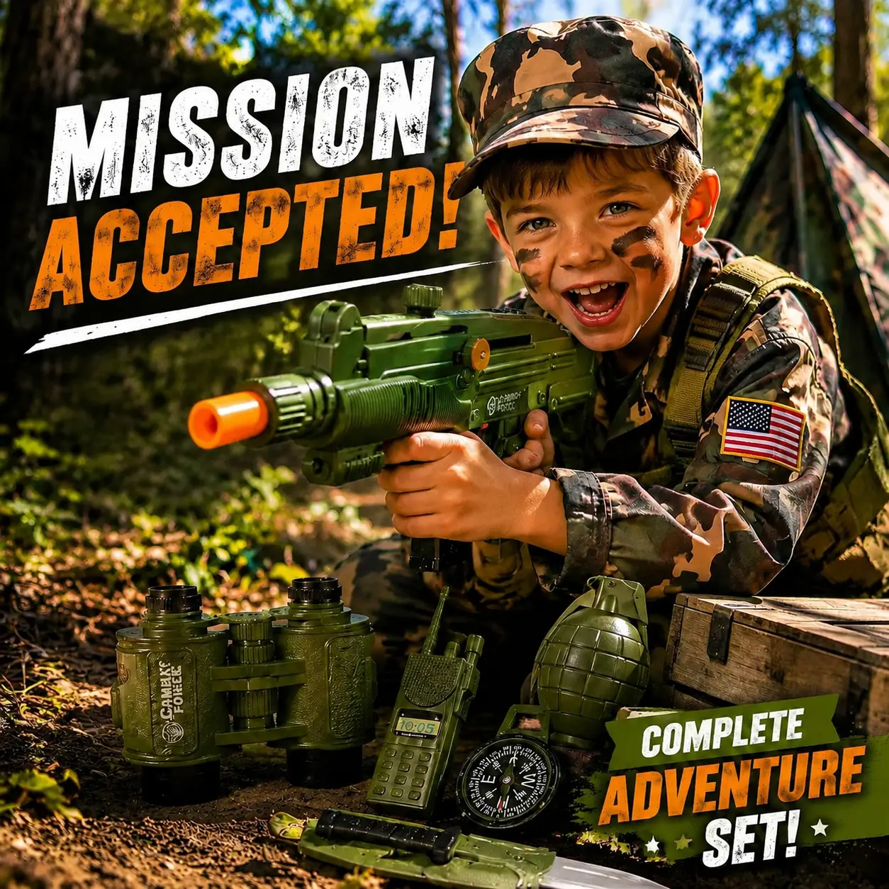 Boys' Military Role Play Costume Set - Uniform, Equipment, Costumes with Accessories, Toy Gun - Ages 3-12 - Halloween Dress-Up Clothes, Ideal Gift for Enhanced Play Experience