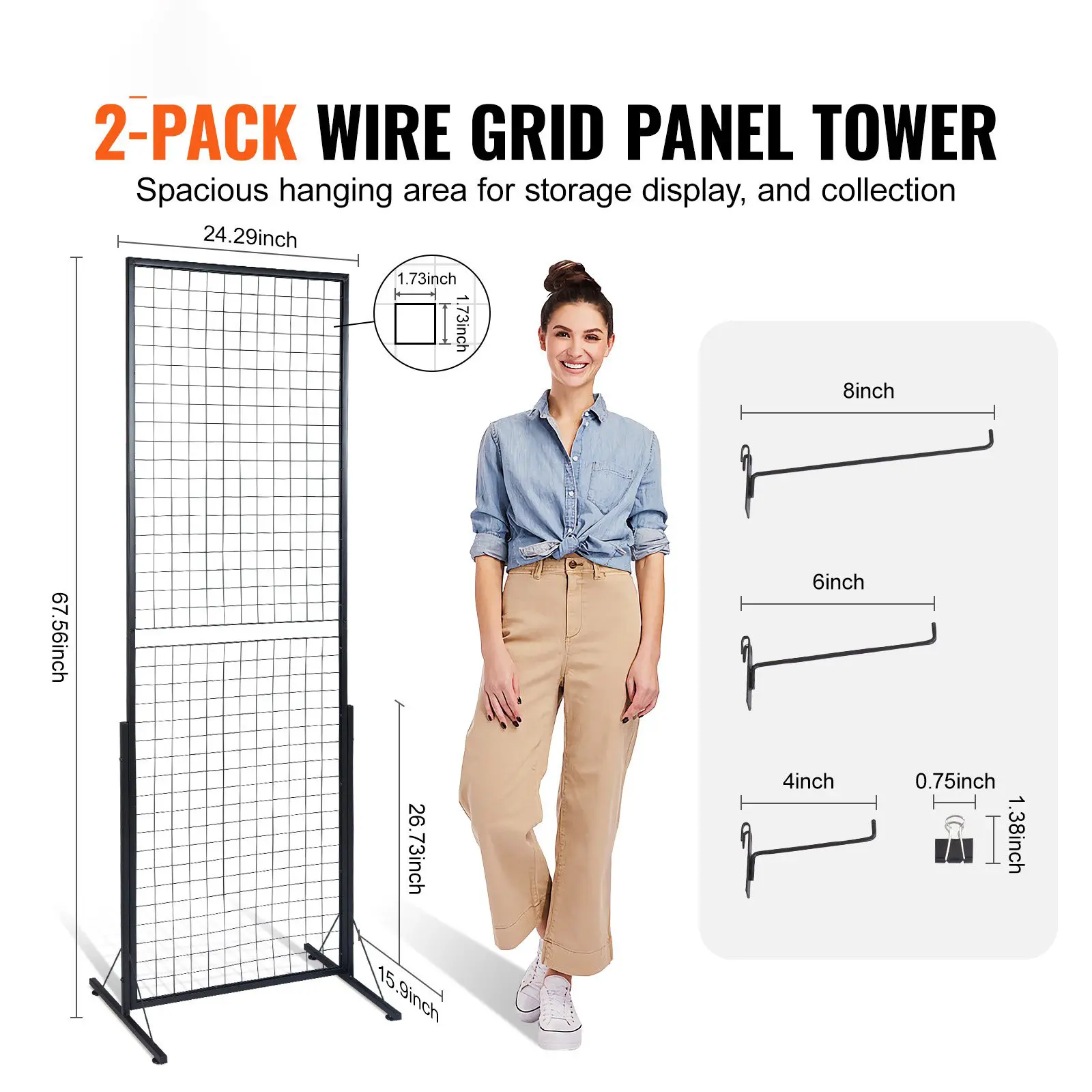 2' x 5.6' Steel Grid Wall Panels Tower, 2-Pack Floorstanding Wire Gridwall Display Racks with T-Base, Double-Side Panels for Art Craft Shows & Retail Use, W/ Extra Clips & Hooks