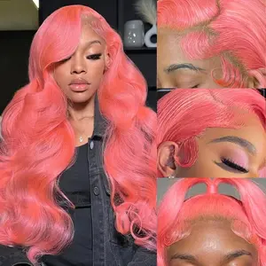 Pink Human Hair Wig Body Wave HD Glueless 13X6 Lace Front Wigs Human Hair  Pre Cut 180 Density HD Lace Frontal Body Wave Wig for Women 28 Inch,summervibes