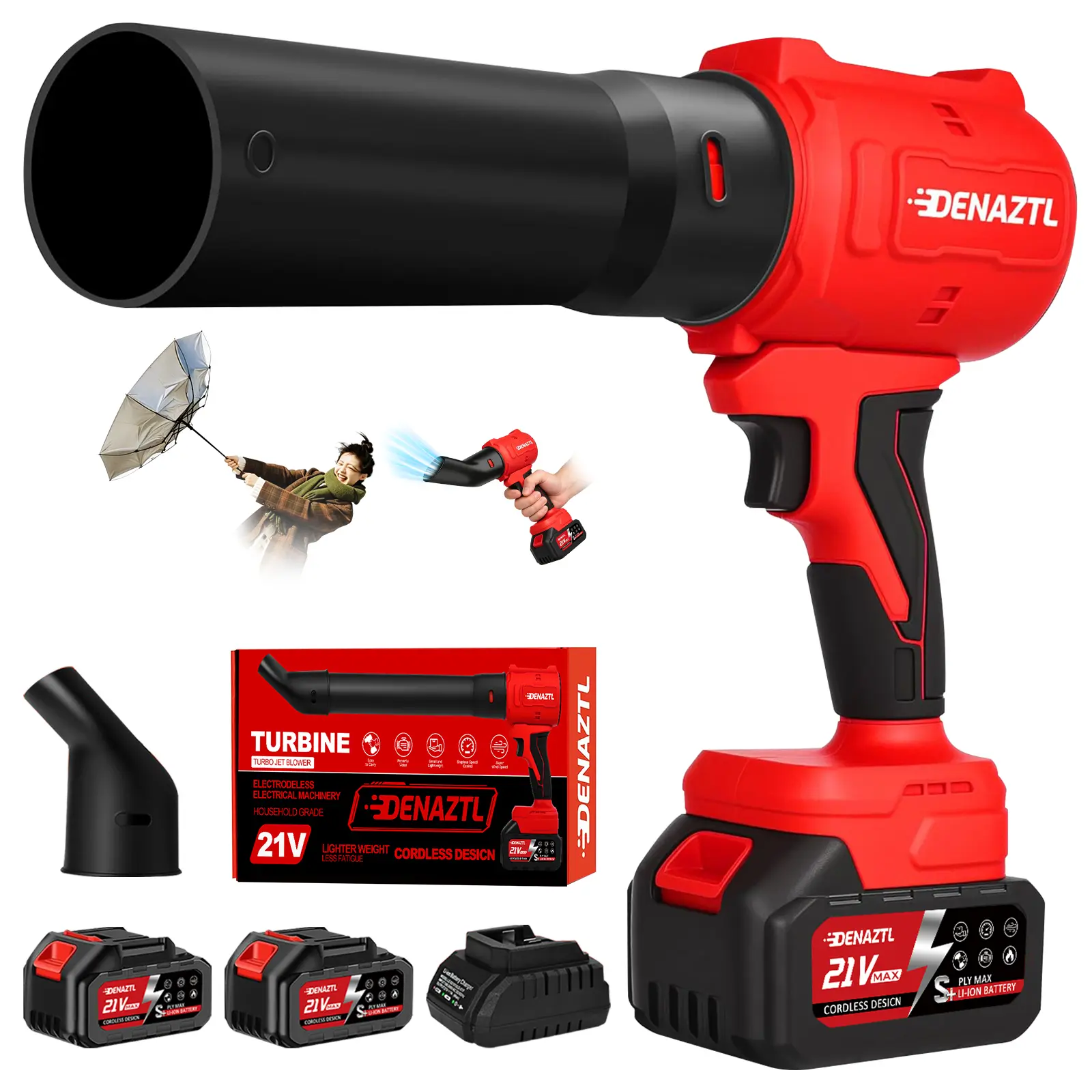 Denaztl 21V Turbo Jet Blower Full Set Kit, Lightweight Leaf Blower with 1-Handed Grip, 2x 4.0Ah Batteries, Extended Tube, Turbo Airflow for Outdoor Surfaces, Patio Cleaning, Dust Removal