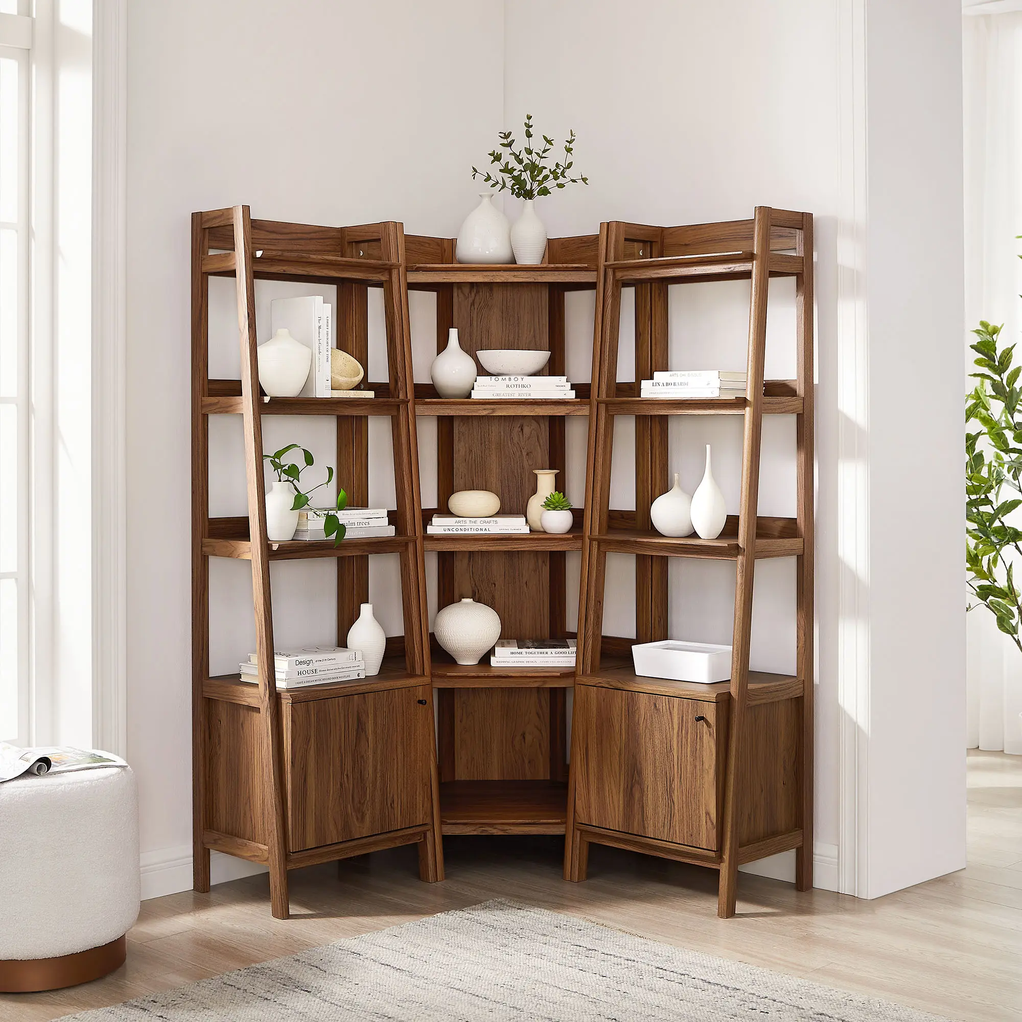 Bixby 3-piece Corner Bookshelf Set with Narrow Bookshelves in Walnut