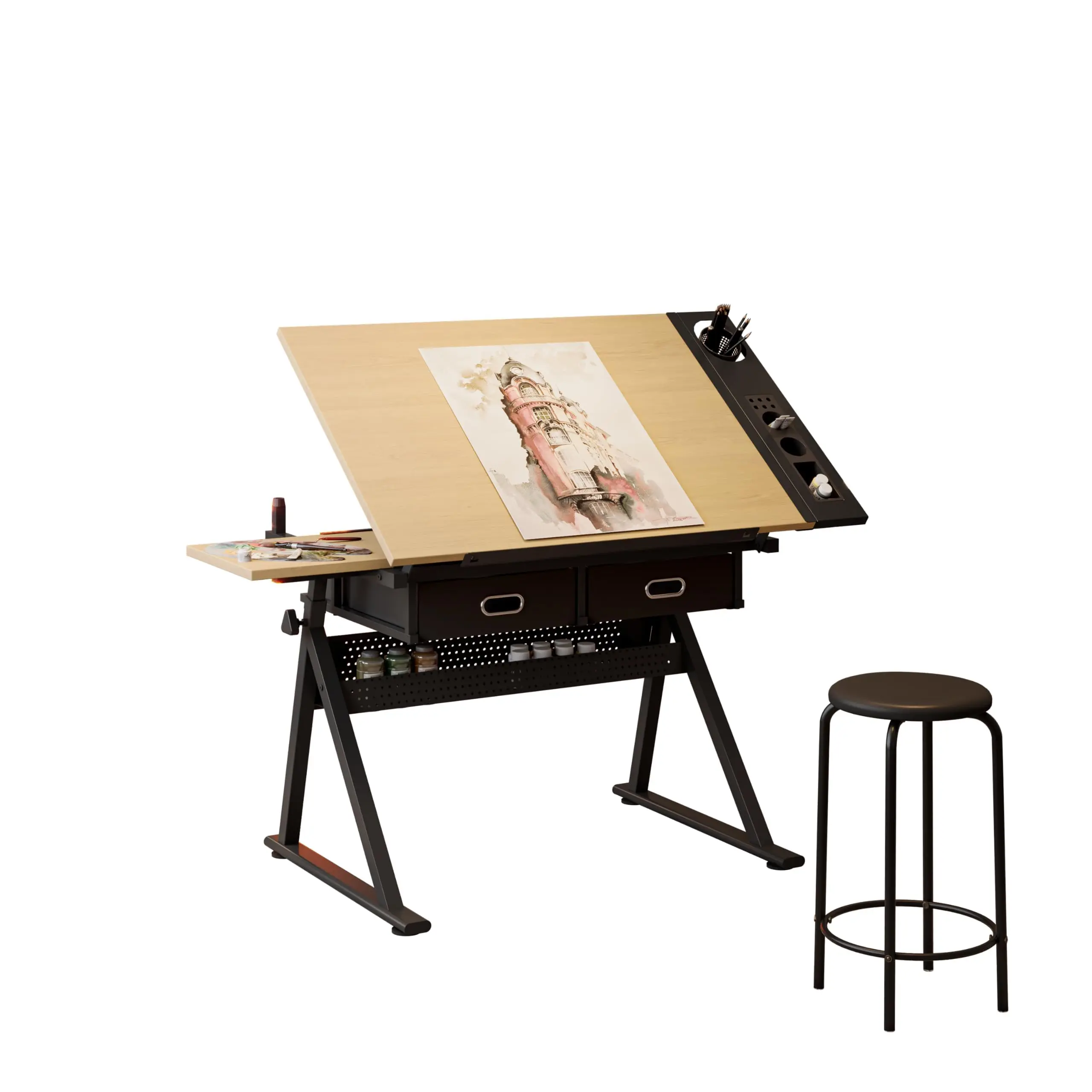 Drafting Table, Height Adjustable, 0-75° Tilting Tabletop with 2 Storage Drawers and Stool, Drawing Table Artist Desk for Adults, Watercolor Paintings Sketching Workstation for Home Office
