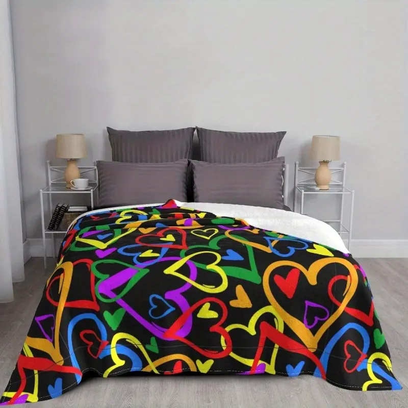 1pc Ultra-Soft Gay Pride Rainbow Heart Print Flannel Blanket - 100% Polyester, Wrinkle Resistant, Fade Resistant, Durable, Lightweight, Warm, Vibrant Design, 40x50in/152.4x203.2cm, Indoor Outdoor Use, Couch/Bed Comfort, Ideal for Child, Christmas Gifts