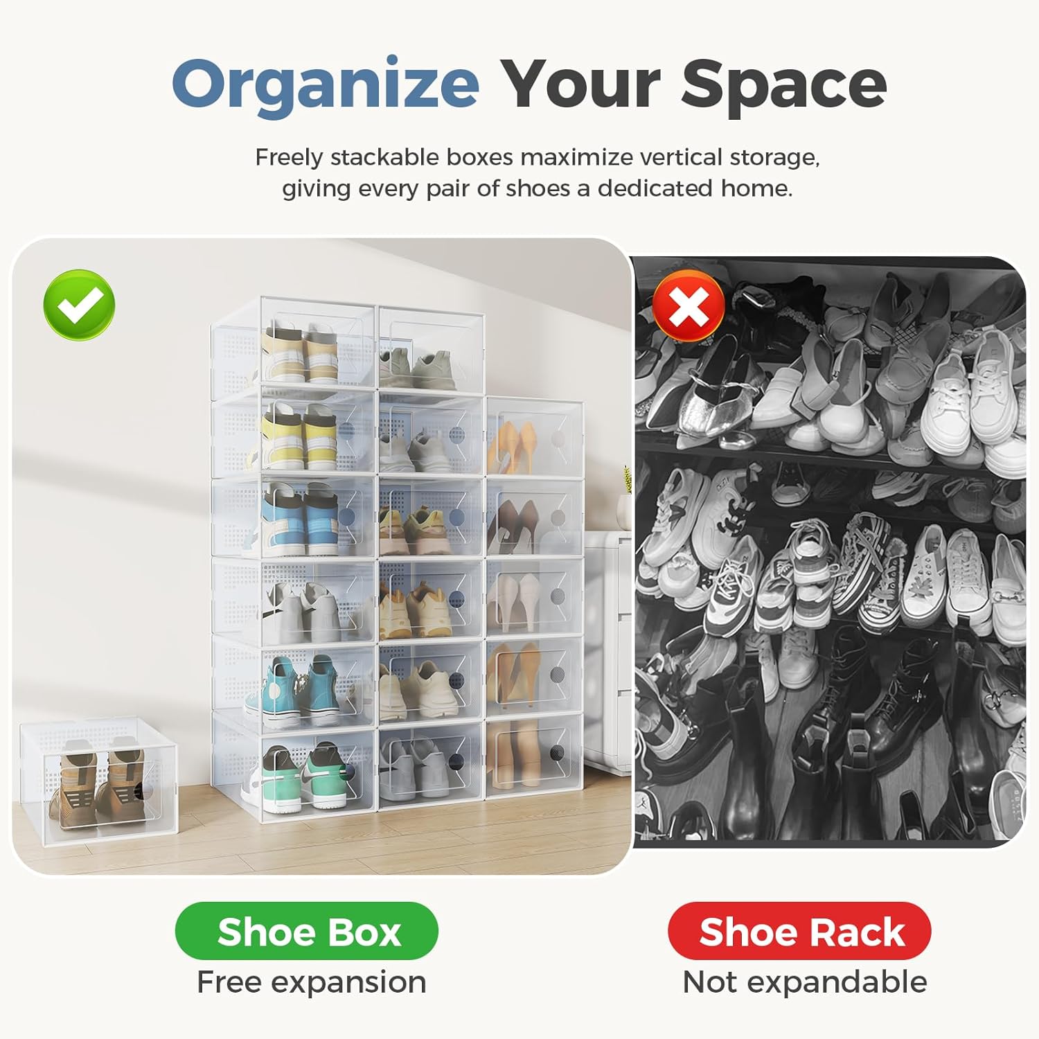 Stackable Shoe Storage Boxes, 15-Pack Plastic Shoe Organizers with Lids, Large Shoe Rack & Holder for Closet, Under Bed, Entryway, Sneaker Display and Storage Containers