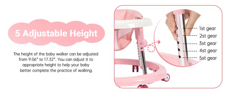 Baby Walker Foldable with 9 Adjustable Heights, Baby Walkers and Activity Center for Boys Girls Babies 7-18 Months, Baby Walker with Wheels Portable