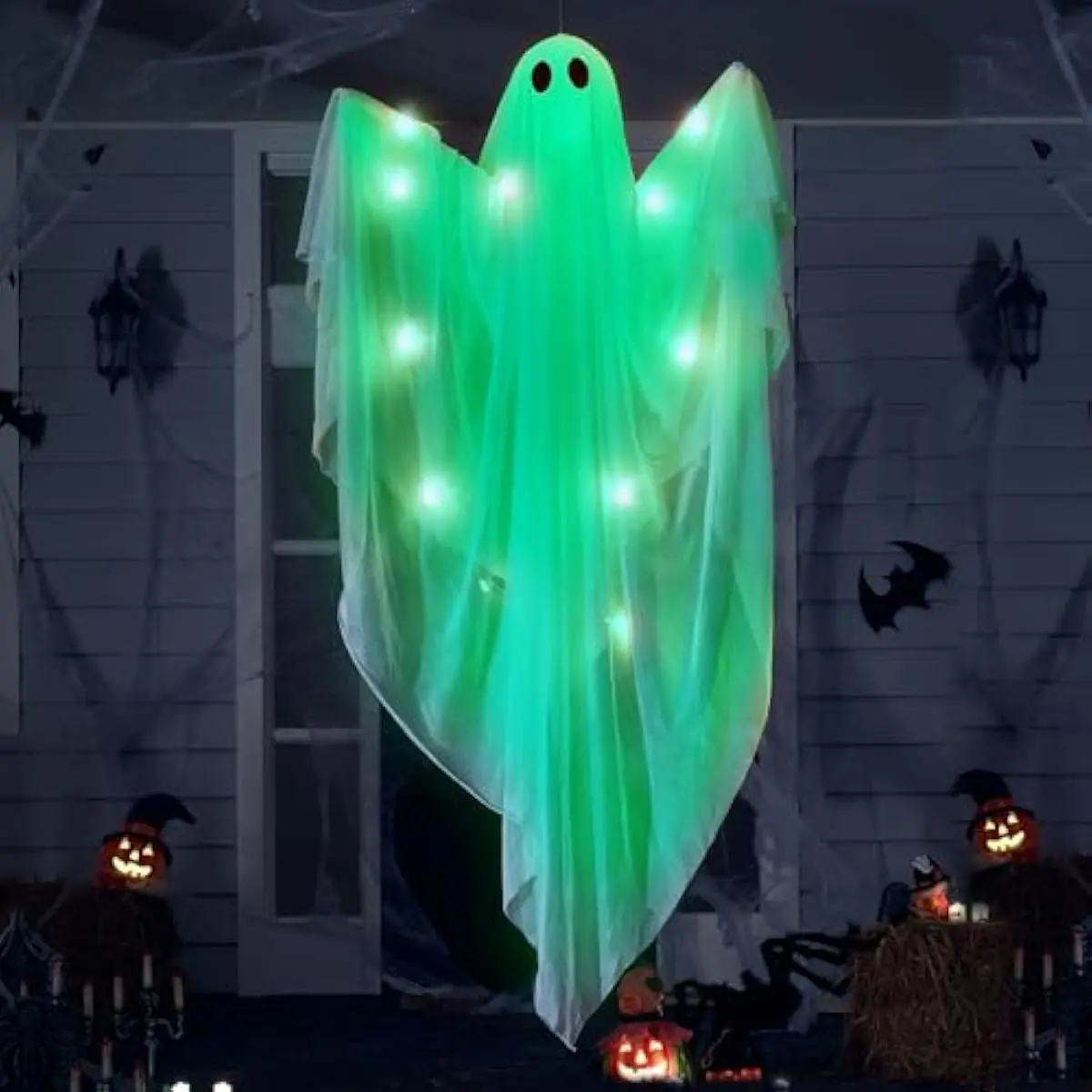 JOYIN Halloween Hanging Light up Ghost, 47" White Ghosts with Green LED Light and Timer Halloween Hanging Decoration Waterproof for Front Yard Patio LawnGarden Party Decor Indoor Outdoor