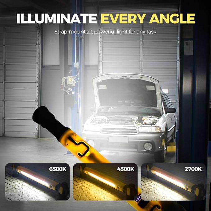 Work Light, 3000LM Bright LED Work Lights, 5200mAh Rechargeable Magnetic Underhood Work Light with Hooks, Cordless Battery Powered Mechanic Light for Car Repairing/Inspection/Garage/Workshop/Emergency