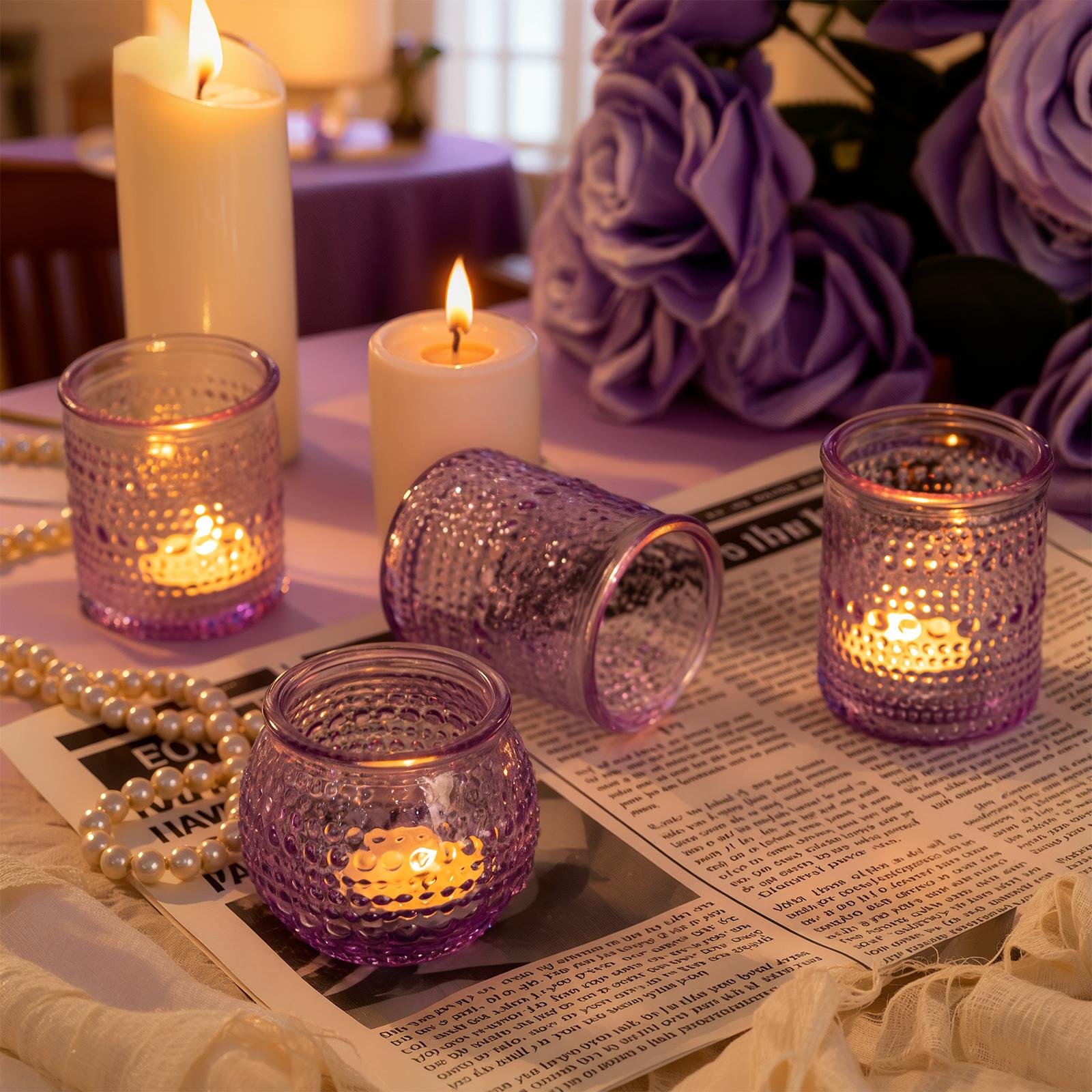 A Set of 24 Clear/ Blue/ Amber/ Green/ Pink/ Gold&Purple Candle Holders of Varying Heights, Perfect for Wedding and Home Dining Table Decorations A Set of 24 Clear/ Blue/ Amber/ Green/ Pink/ Gold&Purple Candle Holders of Varying Heights, Perfect for Wedding and Home Dining Table Decorations