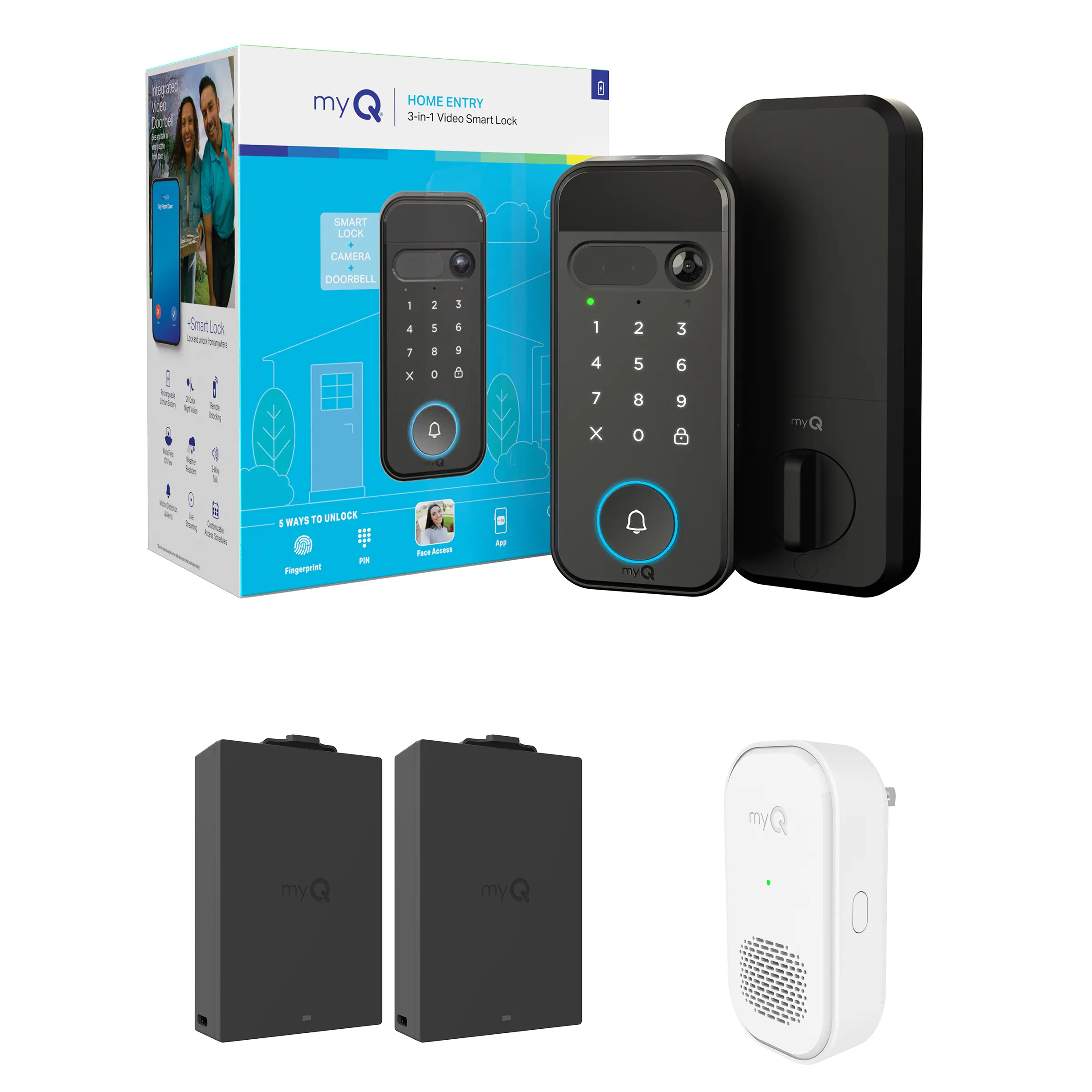 myQ Secure View 3-in-1 Smart Lock, Rechargeable Battery & Chime Bundle