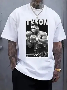 Men's Tyson Boxing Graphic Print T-Shirt - White Casual Short Sleeve Round Neck Tee with Full-Body Design, Machine Washable Summer Top for Sports Fans & Casual Wear