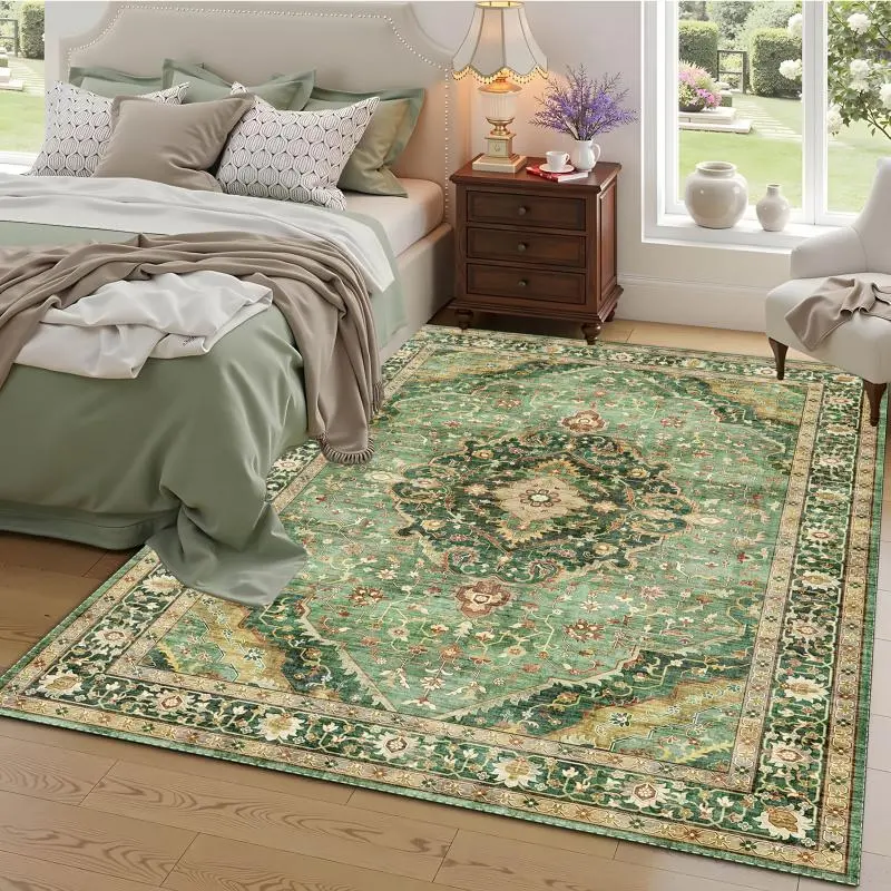 Vintage Boho Persian Velvet Rug, Green Oriental Traditional Floral Pattern Non-Slip Washable Area Carpet for Home Decor