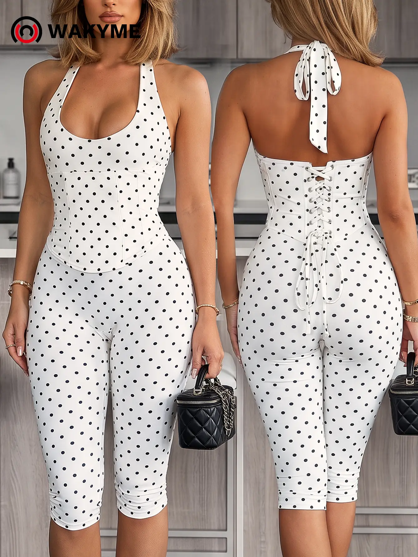 Women's Polka Dot Halter Neck One Piece Jumpsuit Zip Front Corset Waist Cropped Pants Sexy Outfit