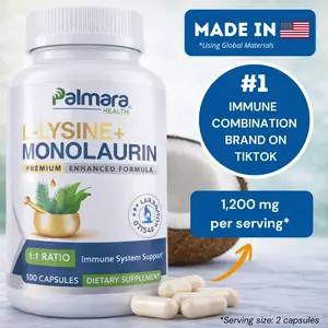L-Lysine + Monolaurin 600mg – Immune and Digestive Support 1:1 Ratio, 100 Capsules | Palmara Health