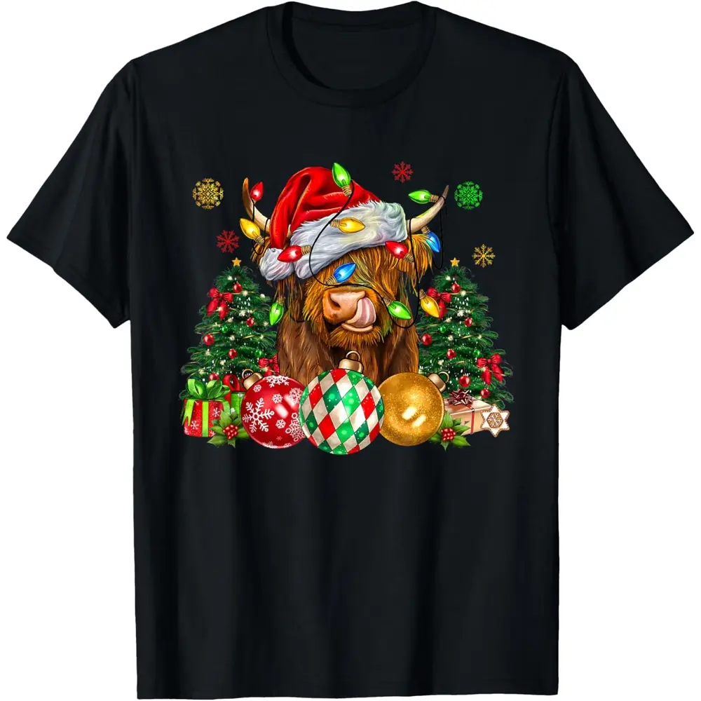 1 Piece Christmas Highland Cow T-Shirt | 100% Cotton, Highland Cow+Christmas Elements, Cute Style | Christmas Daily Wear/Gatherings, All Ages | Soft, Skin-Friendly, Washable, Shape-Retaining, Stylish