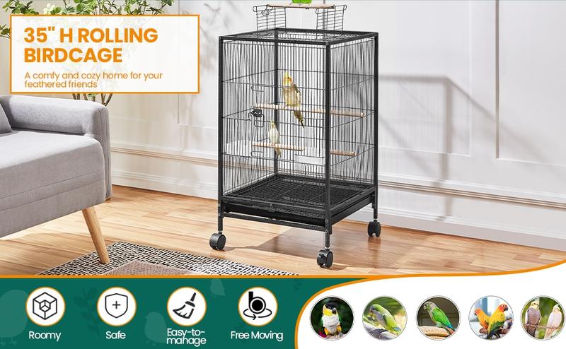 Yaheetech  35-Inch Wrought Iron Bird Cage with Rolling Stand Open-top Parrot Cage For Small-sized Birds Black
