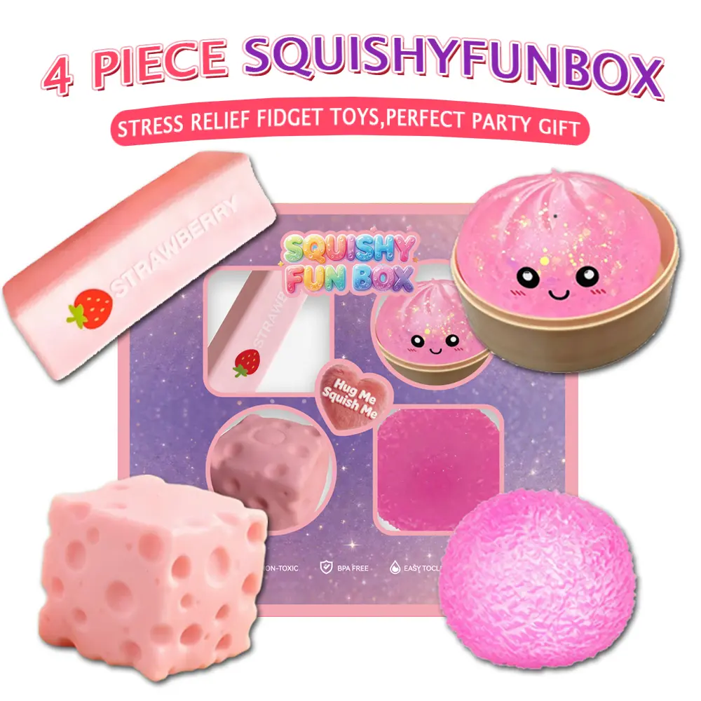 summerwins 4-Pack Pink Series Soft Squishy Fidget Toys, Mixed Slow Rising & Fast Rebound Silicone Stress Squishy, Assorted Shapes, Ideal Kids Gifts for Birthdays, Teacher Rewards, Slow Rising Squishy