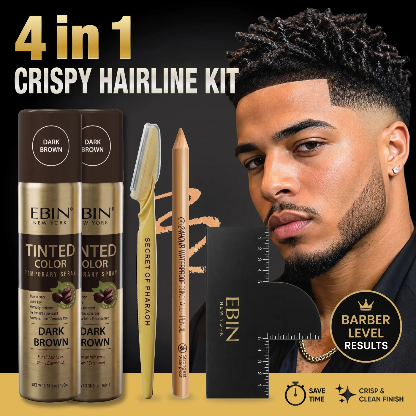 4-In-1 Temporary Hairline Enhancement Spray Kit with Free Enhancement Card, Precision Razor & sweatproof Pencil – Professional Crisp Lineup At Home (Dark Brown)