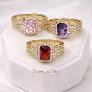 Gold Plated Anillos with Pink Red  & Purple Rectangular Shape Multicolor Stones Various Sizes Zirconias Crystal Stones Elegant Design