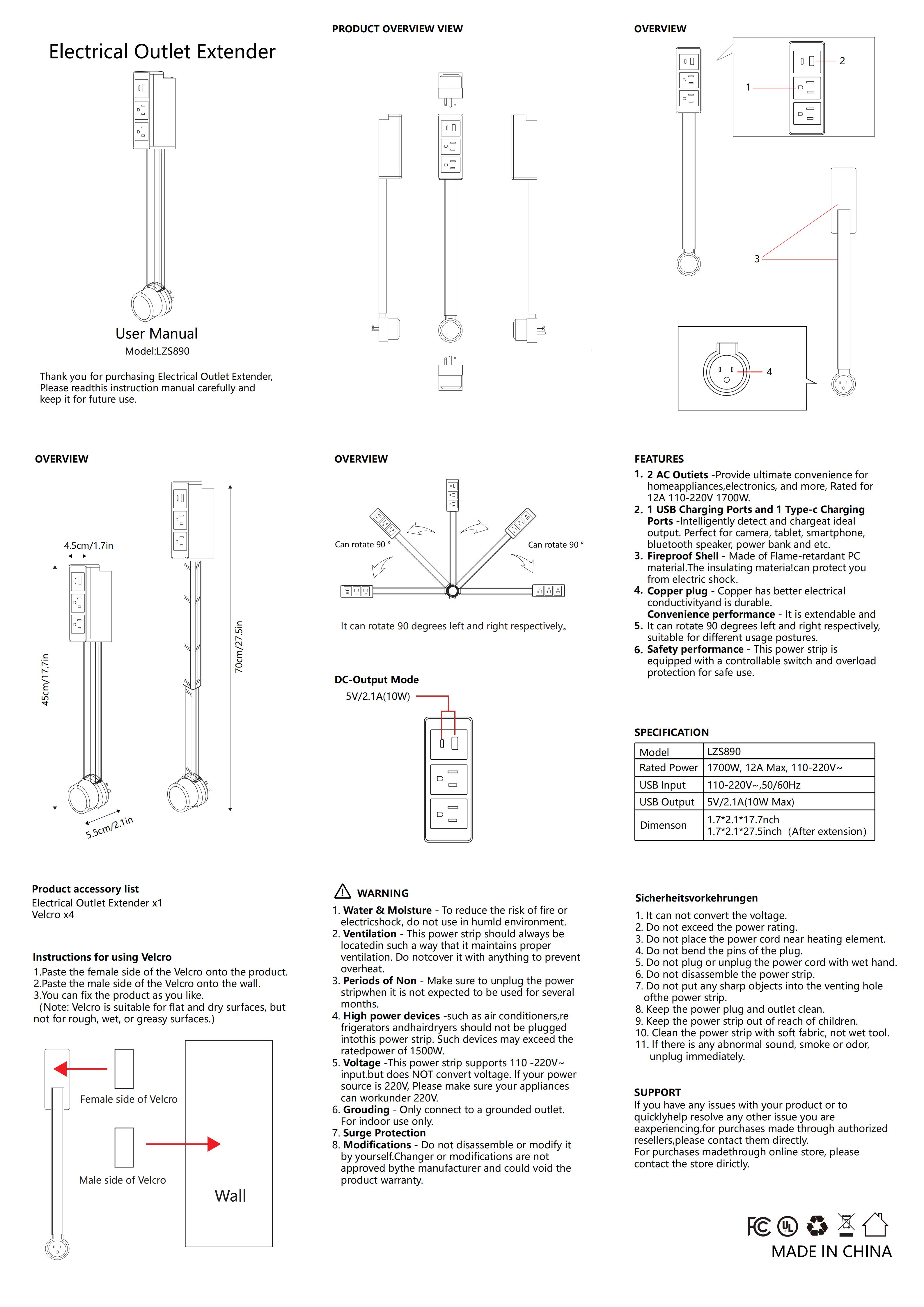 Rotating Wall Outlet Extender – 2 AC + USB-C/A Ports (34" Extension, Wall-Mountable & ETL Certified) | Space-Saving Power Solution for Home & Office,Portable ,easy to use