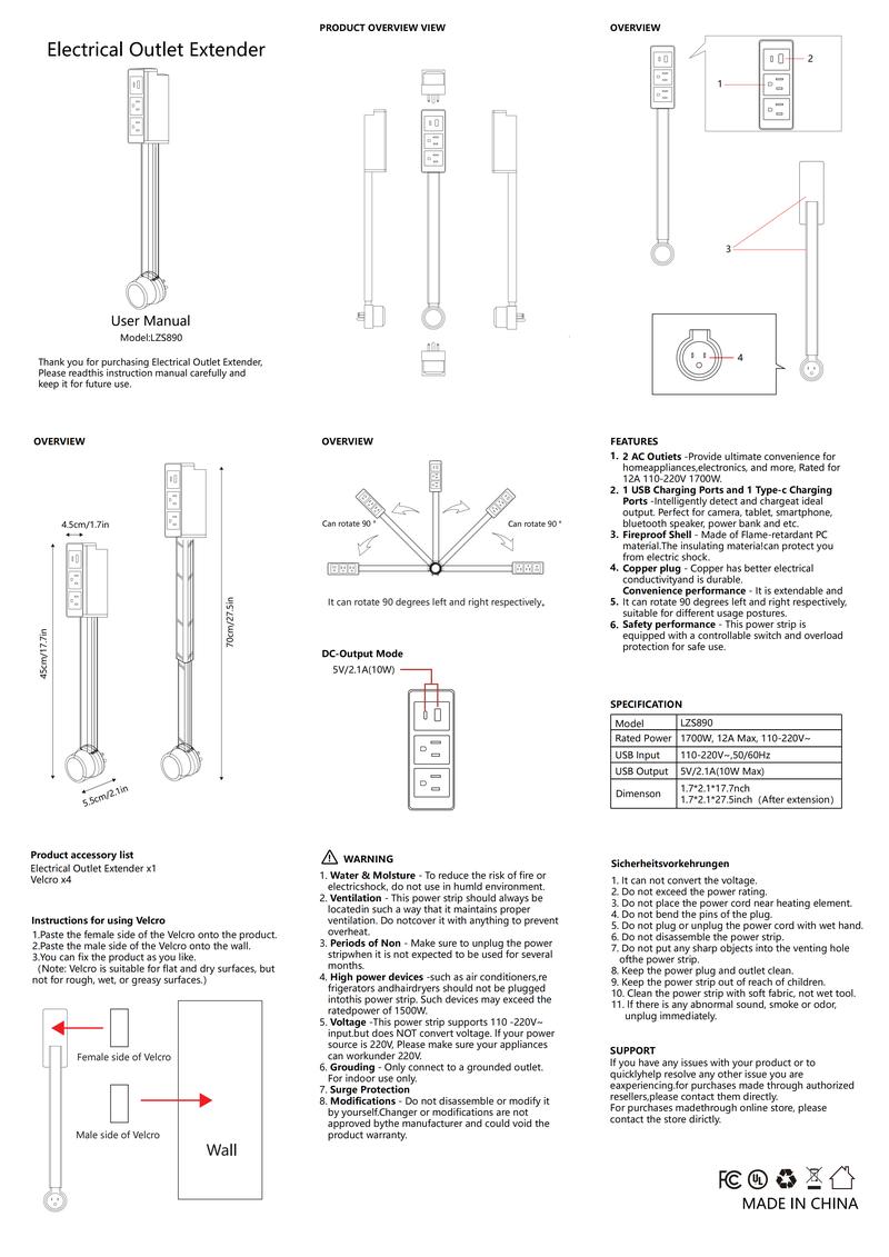 Rotating Wall Outlet Extender – 2 AC + USB-C/A Ports (34" Extension, Wall-Mountable & ETL Certified) | Space-Saving Power Solution for Home & Office,Portable ,easy to use