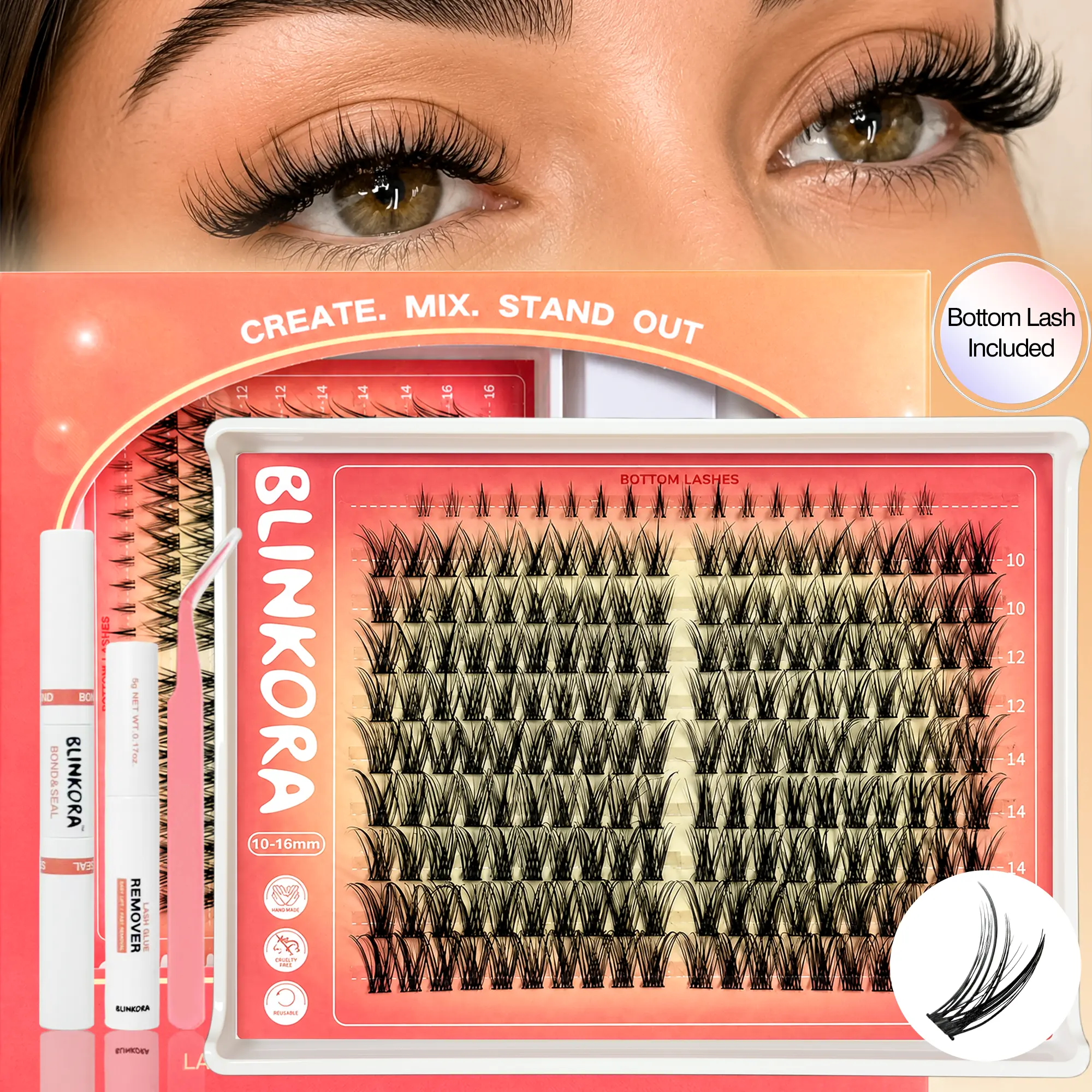 Blinkora BunnyLite Muse Cat Eye Lash Cluster Kit - 10-16mm Beginner-Friendly DIY Wispy Natural Eyelash Extensions, Waterproof, Lightweight, Long-Lasting, Thin Band, Bond & Seal, Remover & Applicator for Daily Makeup, Eyelashes Extensions, Eyelash Clusters
