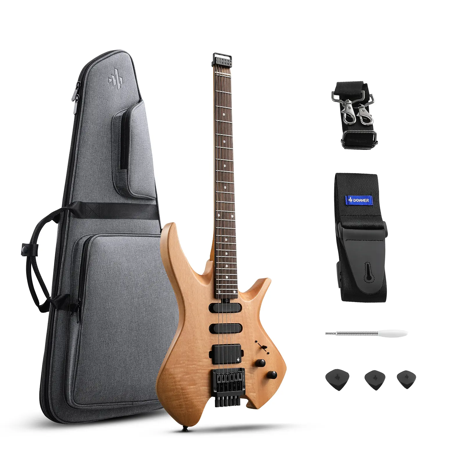 Donner NHL-500 6-String Minimalist Lightweight Headless Electric Guitar - 24 Frets, SSH Pickups, Stable Tuning System, Locking Bridge, 2.4 kg, Ergonomic Body, Balanced Playing, Less Maintenance, Included Gig Bag, Stability, Headless Guitar