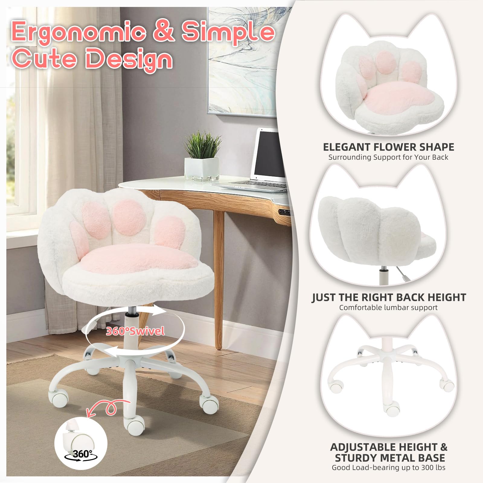 Vanity Chair with Wheels,Cute Cat Paw Office Chair with Back,360°Rotating Height Adjustable Armless Chair in Vibrant Color-Blocking,Small Desk Chair,Plush Cushion for Bedroom,Make-Up Room Home Office