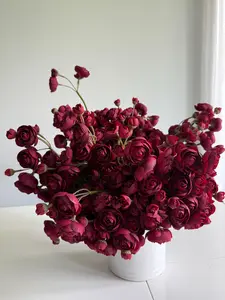 Artificial Burgundy Mini Ranunculus Bundle, 10" Faux Fall Flowers, DIY Centerpiece