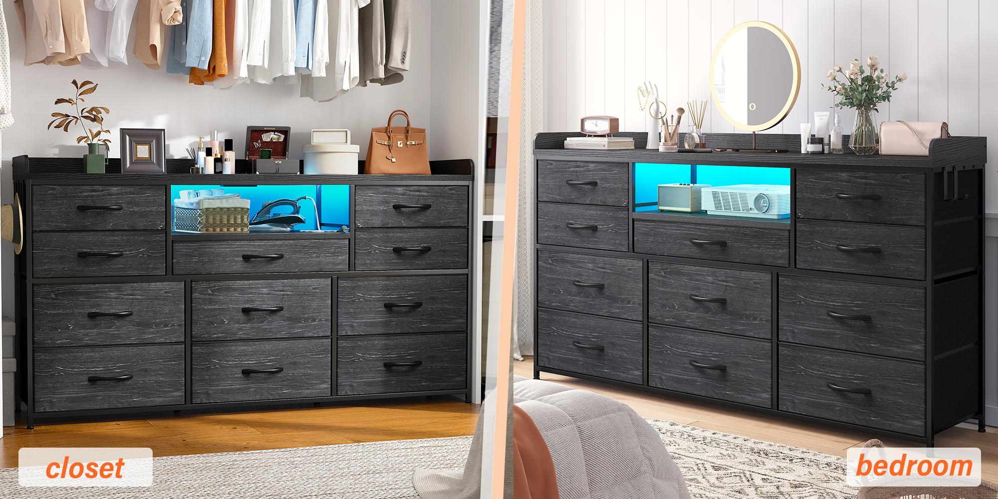 【Hot seller On Sale】Raybee Dresser for Bedroom with 8/11 Drawers, Up to 60" TV Stand for Bedroom with LED Lights & Charging Station, Sturdy Dresser with Shelves & 4 Hooks Sturdy Metal Frame & Fabric Drawers, Ideal Home Organizer for Bedroom,Hallway